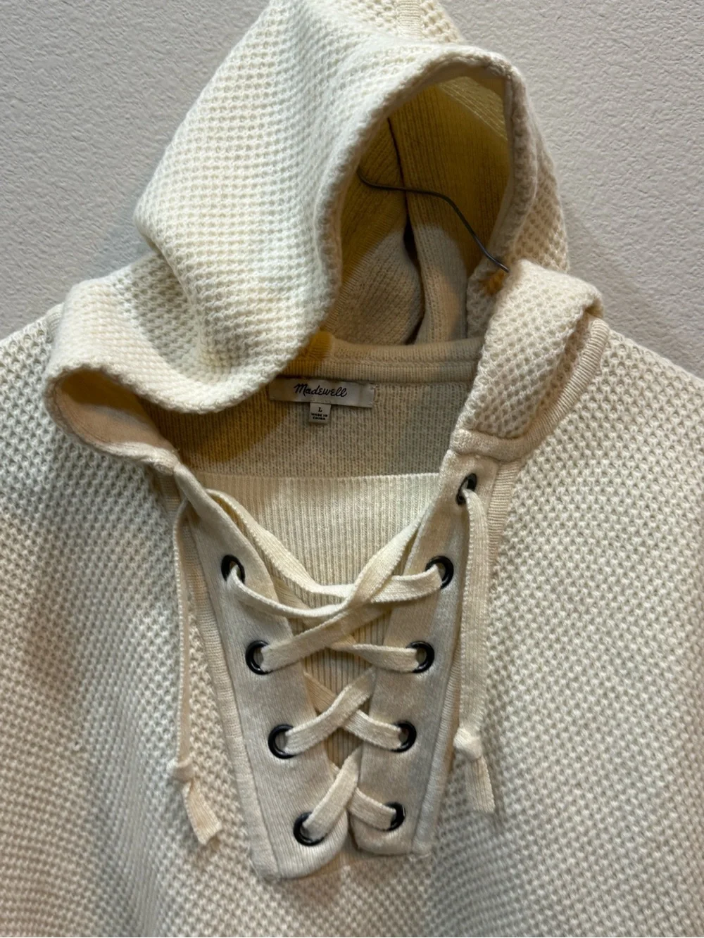 Madewell Jameson 100% Merino Wool Lace Up Waffle Knit Sweater Hoodie Cream - Picture 6 of 9